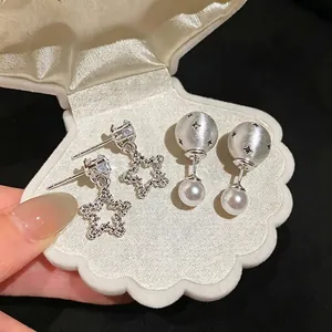 Korean Minimalist Star Stud Earrings with 925 Sterling Silver Post Copper Zirconia Artificial Pearl Star Drop Earrings for Women