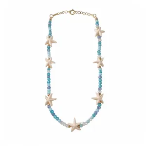 Bohemian beaded starfish necklace with blue crystals and gold clasp for women