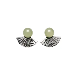 Eleganti orecchini a ventaglio con motivo a bambù e perle di giada verde in stile cinese