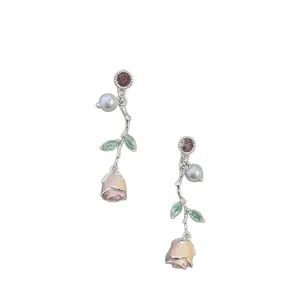 Exquisite silver needle rose flower dangle earrings with pearls and crystal accents for women