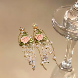 Elegant French style pink rose and white pearl long tassel dangle earrings with zircon