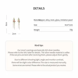 Specification sheet of tassel earrings showing materials, size, and weight details
