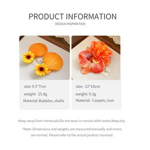 Detailed specifications of fabric shell and flower hair clips with dimensions and material info