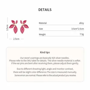 Detail chart of pink oil-drop flower stud earrings with 925 silver needle specs
