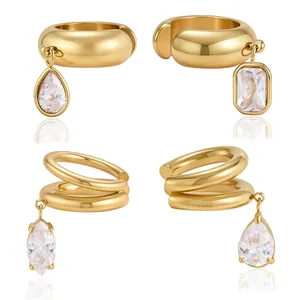 Gold-plated stainless steel ear cuffs with various zircon pendants for non-pierced ears