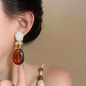 Retro Maillard style resin geometric dangling earrings with silver needles for women