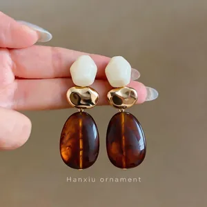 Vintage Maillard style geometric drop earrings with resin and gold accents for women