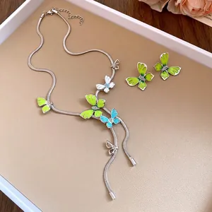 Elegant enamel butterfly necklace and earring jewelry set with rhinestone accents