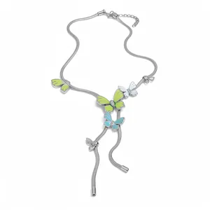 Silver-colored snake chain necklace with colorful enamel butterfly pendants and rhinestones