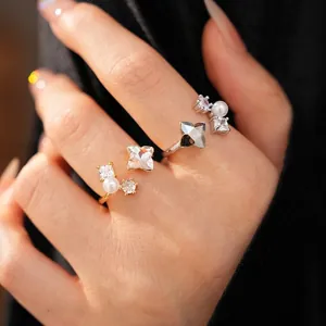Zirconia Flower Open Pearl Ring For Women Copper Gold Plated Adjustable Finger Ring Fashion Niche Jewelry Gift