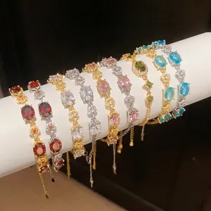 18K Gold Silver Plated Copper Oval Zirconia Flower Bracelet For Women Luxury Elegant Korean Style Adjustable Link Chain Bracelet Jewelry