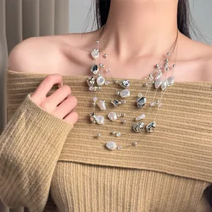 Vintage Multilayered Artificial Pearl Necklace For Women Irregular Silver Metal Bead Choker Elegant Retro Jewelry
