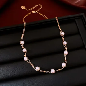 Elegant 18k gold plated double-layer pearl necklace for women, vintage choker style