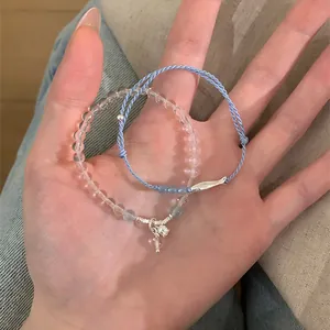 Natural Stone Beaded Bracelet Hand Woven Blue Cord Fish Pendant Bracelet Set Minimalist Fresh Style Jewelry For Women