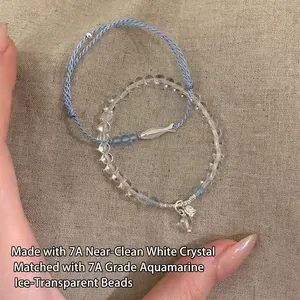 Minimalist clear crystal beaded bracelet and blue braided cord with fish pendant