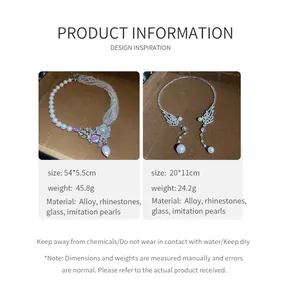 Detailed product info card for two styles of rhinestone and imitation pearl necklaces.