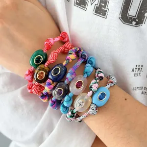 Bohemian Hand Woven Rope Bracelet Natural Stone Evil Eye Dopamine Color Adjustable Ethnic Bracelet For Women Men Daily Jewelry