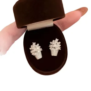 Elegant 18k gold plated flower basket pearl earrings with sparkling zircons for women