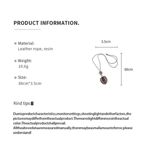 Spécifications détaillées du collier pendentif feuille en résine et cuir, 88cm