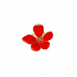 Vintage gold-tone metal open ring featuring a bold red enamel flower design accessory