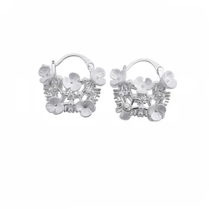 Elegant silver flower basket hoop earrings with pearls and sparkling cubic zirconia