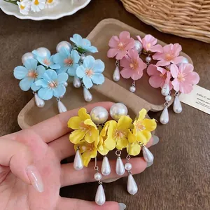 Fresh Korean Style Fabric Flower Tassel Stud Earrings With Artificial Pearl Drop 925 Sterling Silver Earring Post For Women