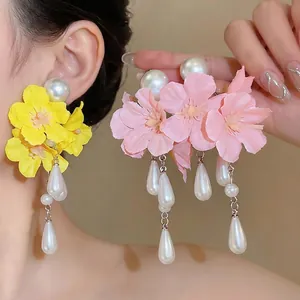 Fresh style fabric flower earrings featuring elegant teardrop pearl tassels in pink and yellow