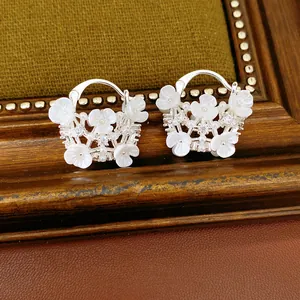 Close-up of elegant flower basket earrings featuring sparkling zircon and white pearls