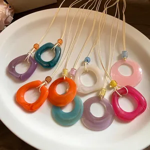 Minimalist colorful resin ring pendant long cord necklaces set for women sweater chain