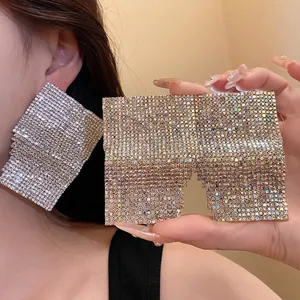 Vintage Geometric Square Stud Earrings for Women Copper Inlaid Rhinestone Silver Earring Post Luxurious Party Jewelry
