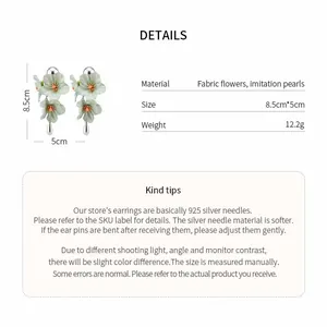 Detail chart of fabric flower drop earrings showing dimensions and 925 silver needle specs.
