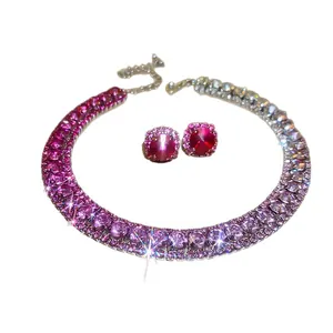 Elegant pink purple gradient beaded choker necklace and earrings jewelry set for women