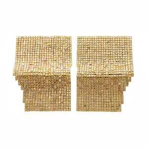 Elegant gold geometric square tiered earrings with multi-color sparkling rhinestones