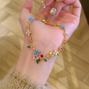 18K Gold Plated Zirconia Flower Bracelet For Women Luxury Artificial Pearl Butterfly Charm Link Bracelet Fashion Jewelry Gift