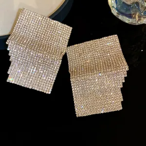 Sparkling geometric square stud earrings with pave-set rhinestones in a retro style