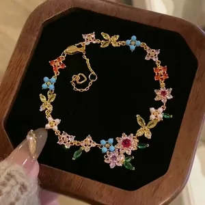 Exquisite 18k gold plated bracelet with colorful zircon flowers and pearls in jewelry box