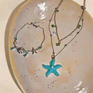 Ocean theme beach style zircon shell starfish pendant necklace and bracelet jewelry set