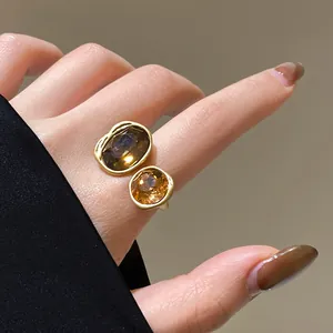 Vintage Maillard Style Oval Zirconia Open Ring Gold Plated Alloy Geometric Adjustable Finger Ring For Women Jewelry