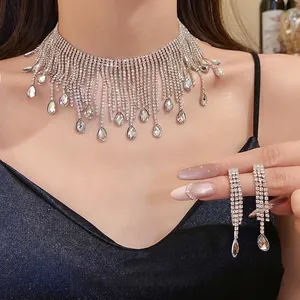 Luxury Copper Rhinestone Water Drop Tassel Necklace Earrings Set Elegant Fashion Clavicle Chain Jewelry For Women Banquet Party