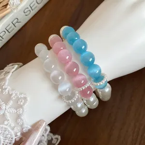 Sweet Cat Eye Stone And Artificial Pearl Beaded Bracelet For Women Elegant Fashionable Dopamine Style Handmade Stretch Jewelry Gift