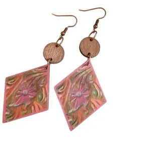 Boucles d'oreilles ethniques en bois en forme de losange avec imprimé floral vintage rose