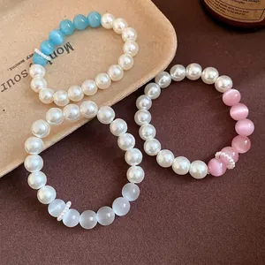 Sweet cat's eye stone and faux pearl beaded bracelet set in blue, pink, and white