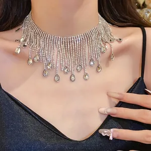 Elegant silver-toned rhinestone tassel choker necklace with crystal water drop charms