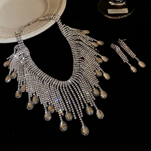 Sparkling rhinestone drop tassel necklace and earring set with elegant waterdrop crystals