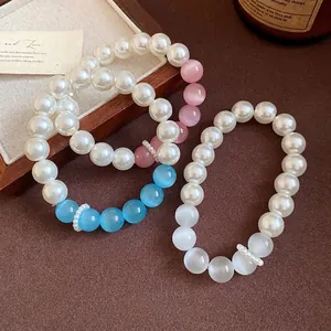 Elegant beaded bracelets with faux pearls and colorful cat-eye stones in sweet style