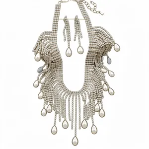 Elegant bridal rhinestone water drop tassel necklace and earrings set with white pearls