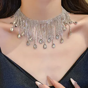 Detailed view of luxury silver rhinestone tassel choker necklace with teardrop crystal charms