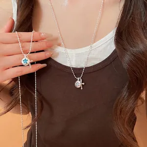 Silver Plated Copper Star Cross Pendant Necklace For Women Rhinestone Inlaid Round Disc Clavicle Chain Fashion Jewelry Daily Commute Accessory