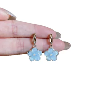 Sweet light blue resin flower drop earrings with pearl center for summer style