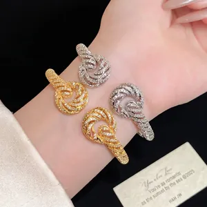 Elegant 18K gold plated zircon twisted open bangle for women, high-end luxury jewelry